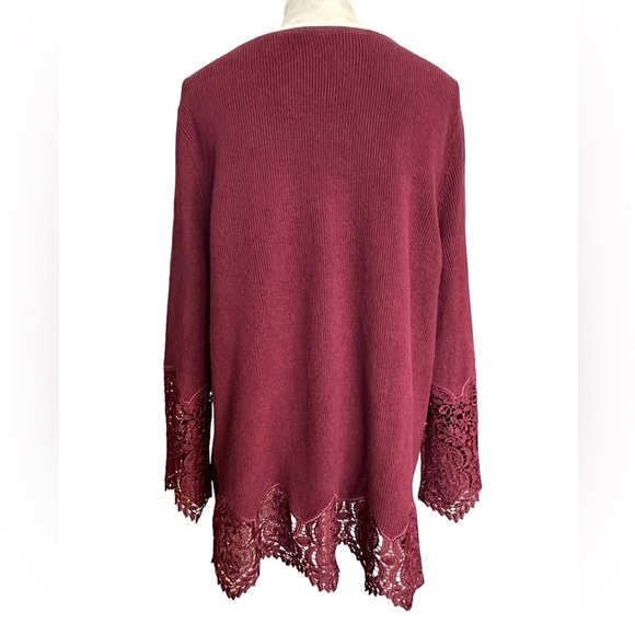 Chico’s burgundy wine belle sleeve ribbon knit lace detail sweater - Picture 4 of 8